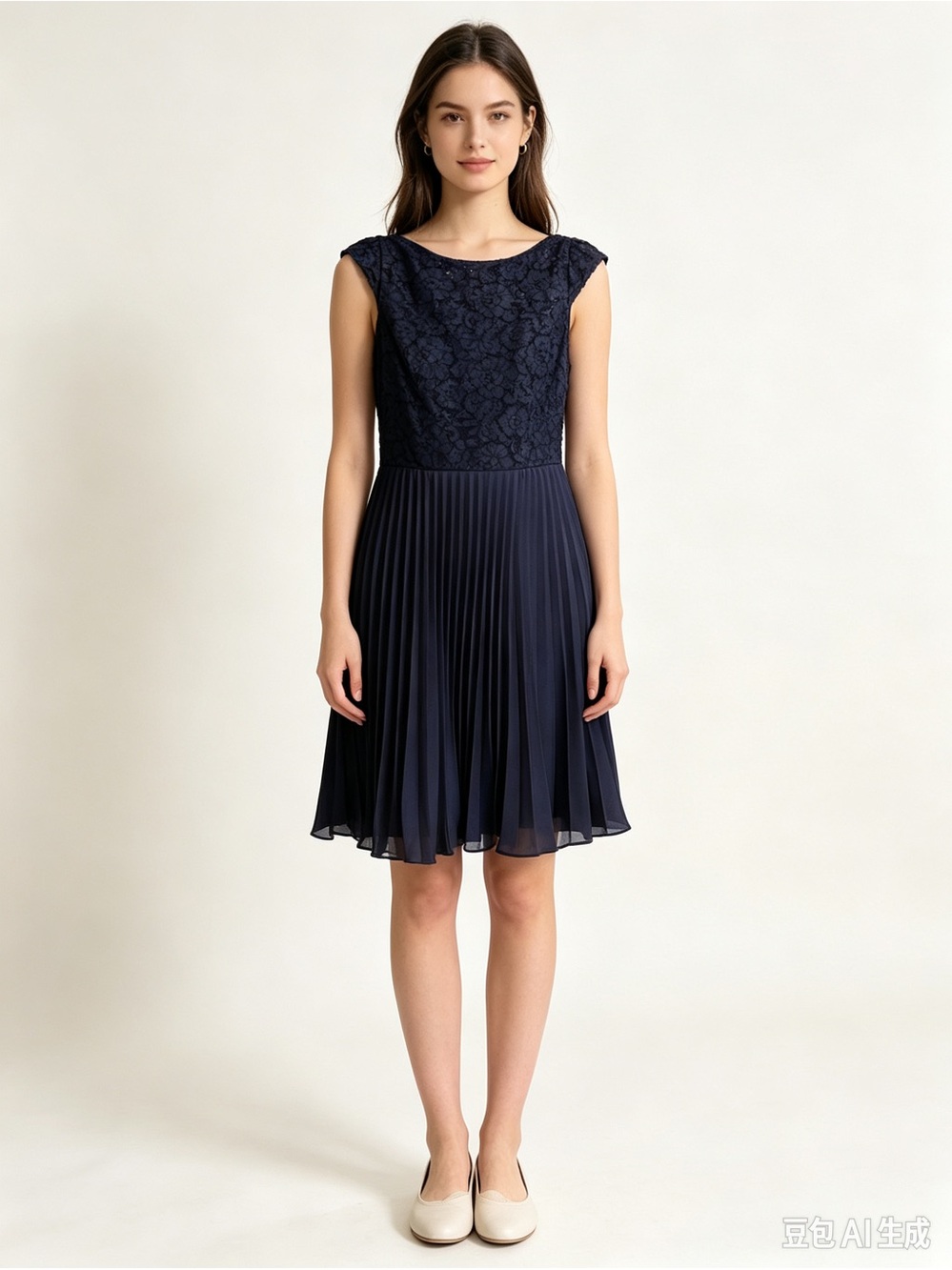 H&M Navy Floral Lace Fit & Flare Pleated Scoop Neck Knee Length Dress 10